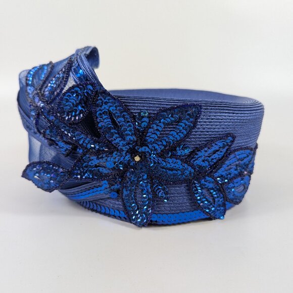 Vintage Mr Hi’s Bright Blue Sequin Flower Pillbox Hat Fancy Ladies Church Derby - Picture 1 of 11